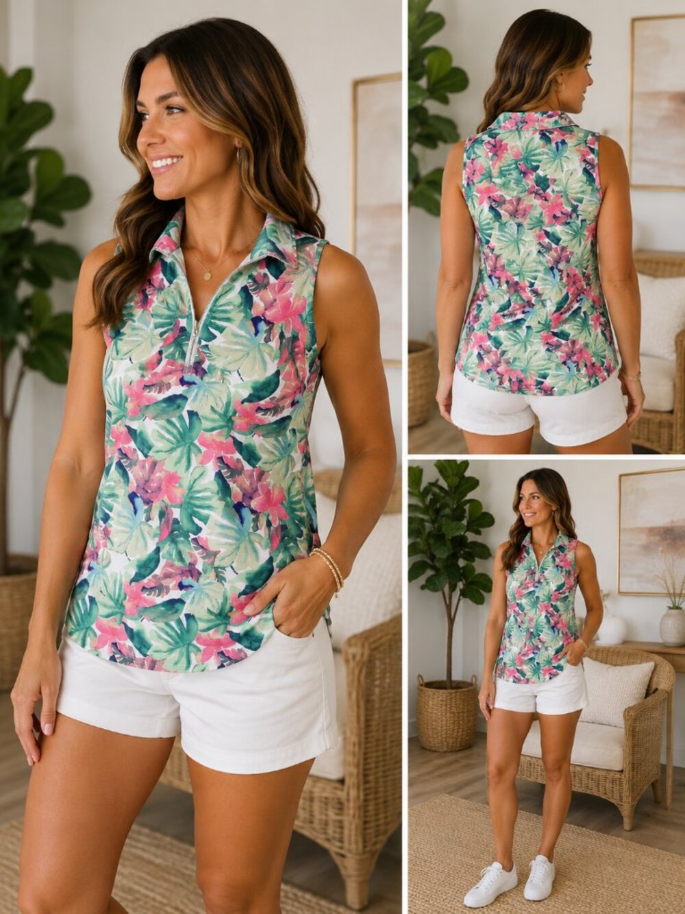 Emerald 18 Women’s Tropical Floral Sleeveless Golf Polo Top Small qp